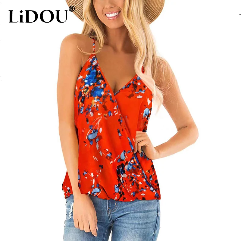 

Summer New V-neck Floral Printing Slip Tank Top Women Sleeveless Sexy Slim Vest Ladies Casual Fashion Pullovers Female Clothes