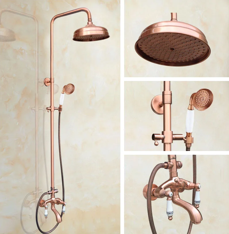 

Antique Red Copper Brass Dual Ceramic Handles Bathroom 8 Inch Round Rain Shower Faucet Set Bath Tub Mixer Tap Hand Shower mrg534