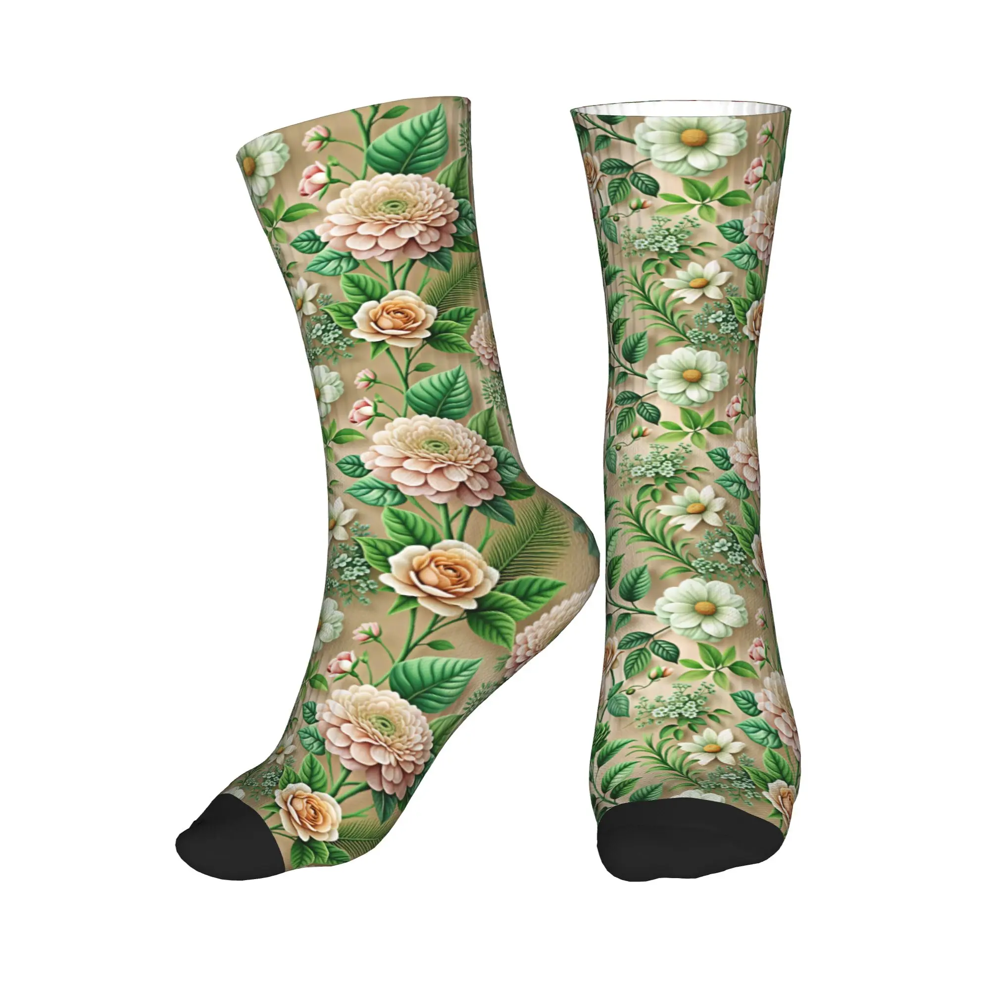 Cute Mens Light Beige 3D Embossed Mixed Peach Floral  Dress Socks Unisex Comfortable Warm 3D Printing  Crew Socks