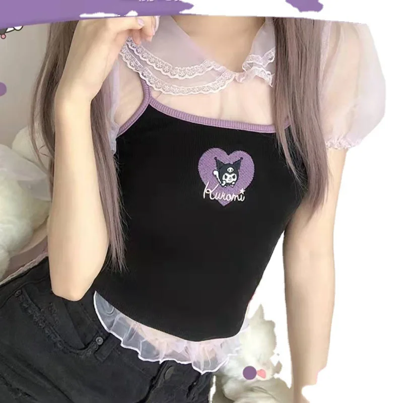 New Kawaii Hello Kitty Kuromi Tank Top Cinnamoroll Melody Purin Summer Embroidered Camisole Tube Top Girl Sleeveless Vest Gift