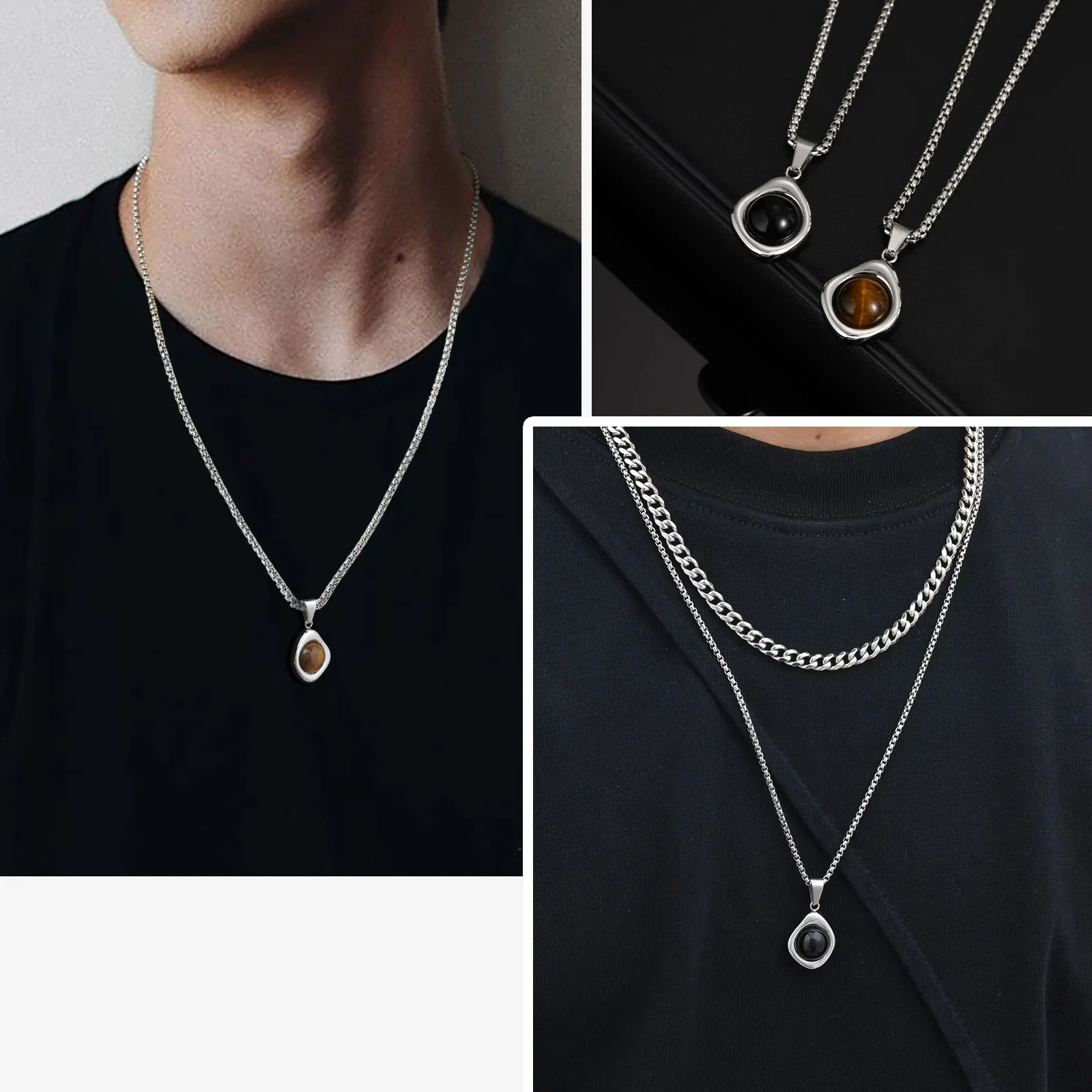 Klassische Mode Runde Natürliche Achat Tigerauge Stein Halskette für Männer, Edelstahl Unregelmäßige Anhänger Halskette, Punk Schmuck – Detail 3