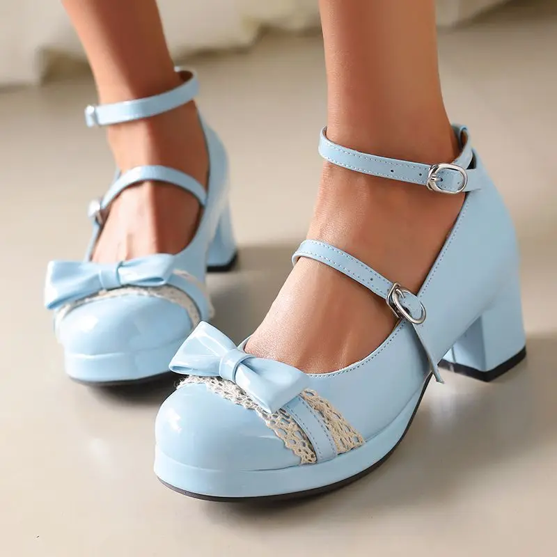 

ASILETO Women Pumps Round Toe Block Heels 5cm Platform 1.5cm Double Buckle Strap Bowknot Plus Size 43 44 45 Sweet Lolita Shoes