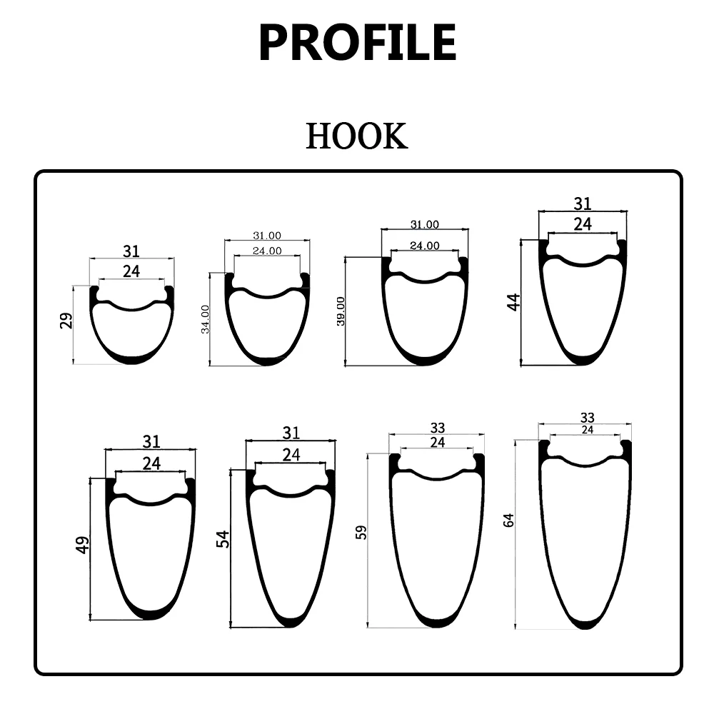 31mm Width 700C Road Bike Carbon Rim Disc Brake 29/34/39/44/49/54/59/64mm Depth Symmetric Clincher Tubeless Hook Hookless Gravel