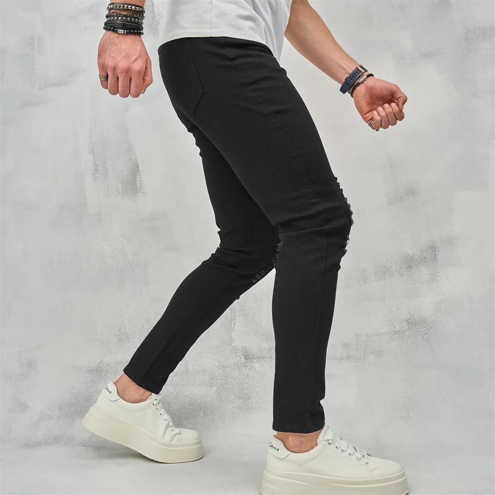 Men High Street Ripped Hip Hop Stylish Skinny Jeans Male Trousers High Quality Holes Casual Cotton Pencil Denim Pants