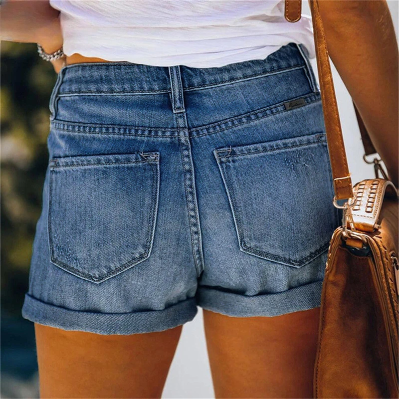 New Women Fashion Ripped High Waisted Rolled Denim Shorts Vintage Hole Summer Casual Pocket Short Jeans Ladies Hotpants Shorts