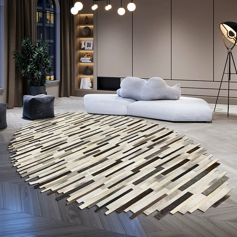 Geometric Oval Cowhide Carpet For Living Room Manual Splicing Ellipse Rugs For Bedroom Villa Home Sofa Coffee Table Floor Mat