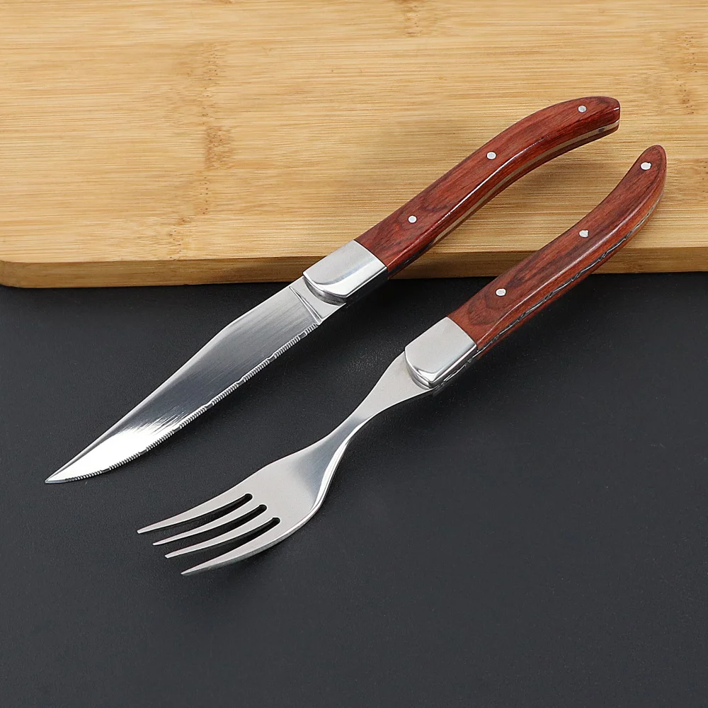 

Jaswehome 1/2pcs Upscale Cutlery Western High Carbon Steel Flatware Red Pakkawood Handle Dinner Knife Fork Sliver Dinnerware