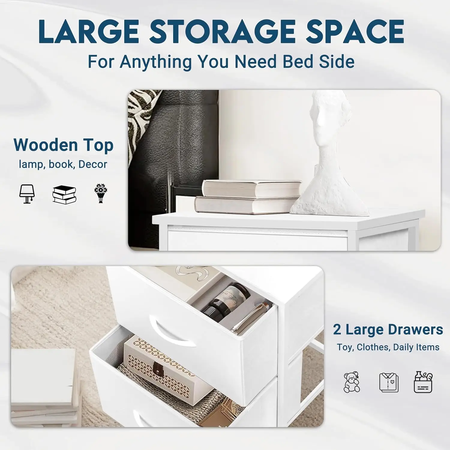 White Nightstand, Bedside Table with 2 Fabric Drawers, Small Kids Night Stand for Bedroom, Bed Side Table with Storage, 15.7
