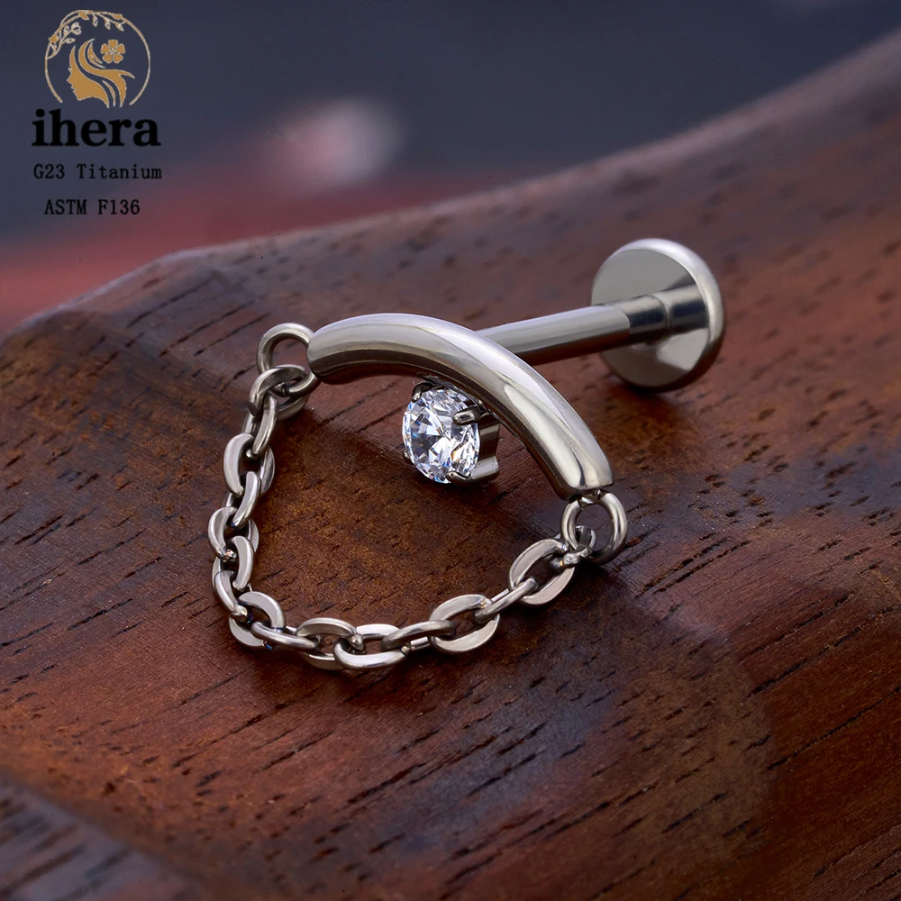 ASTM F136 Titanium Flat Back Ear Stud 16G CZ Chain Internal Thread Tragus Cartilage Helix Conch Earring Piercing Body Jewelry
