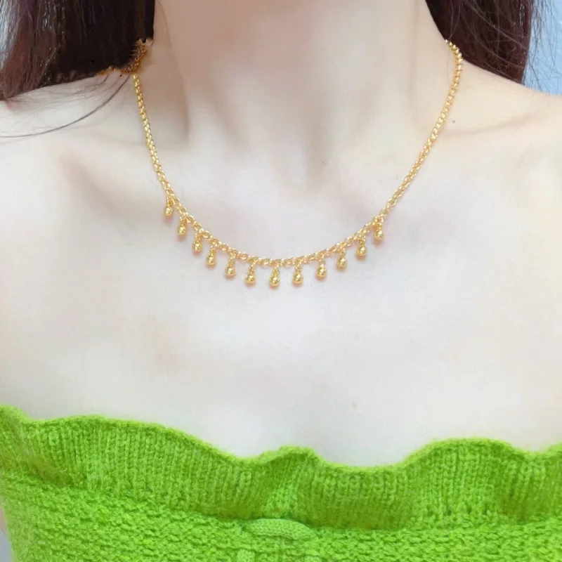 Gold small gold beads 24K round beads tassel necklace AU999 clavicle chain light luxury versatile jewelry for women