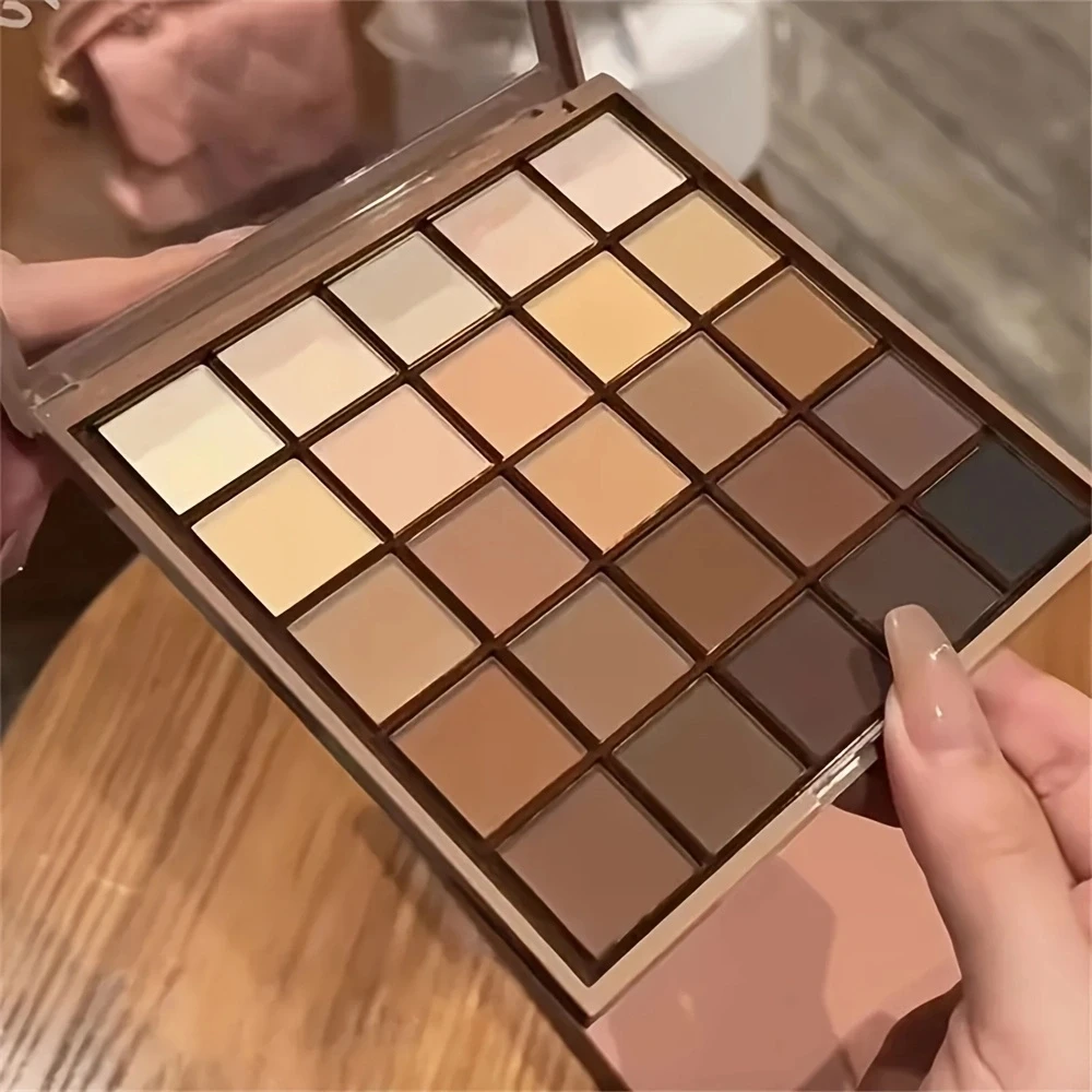 Paleta de sombras de ojos de 25 colores: tono neutro gris y marrón terroso, estilo café y chocolate, crea una apariencia de maquillaje multifuncional que naturalmente al teer