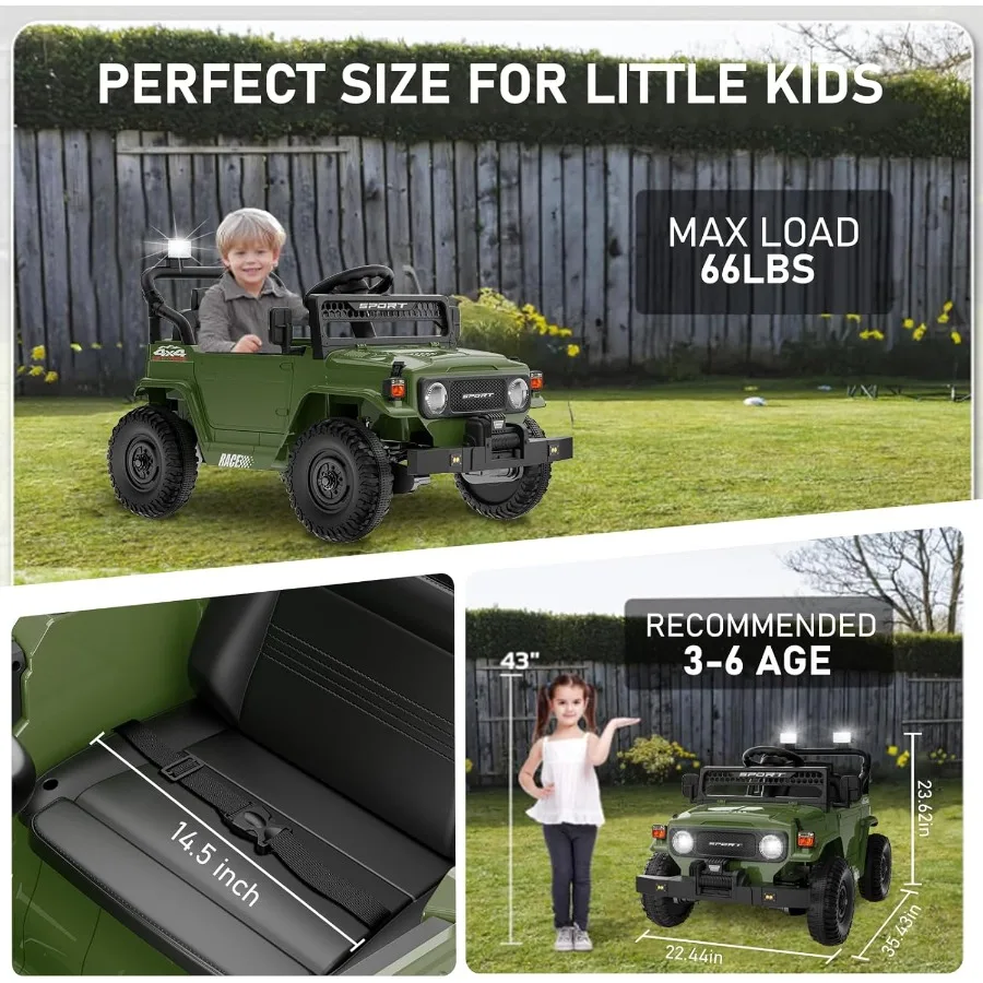 รถยนต์ไฟฟ้าสำหรับเด็กผู้ชาย ขับเคลื่อนด้วยแบตเตอรี่ 12V พร้อมรีโมทคอนโทรล รุ่น Jeep สำหรับเด็กอายุ 3-5 ปี พร้อมระบบกันสะเทือนแบบสปริง บลูทูธ เพลง และไฟ LED