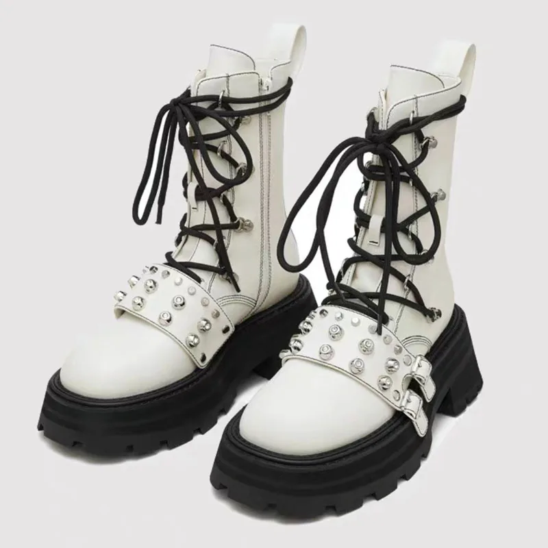 Women's British Style Studded Platform Mid-Calf Boots Versatile Height-Enhancing Slim Ankle Boots for Comfort Versatile Footwear