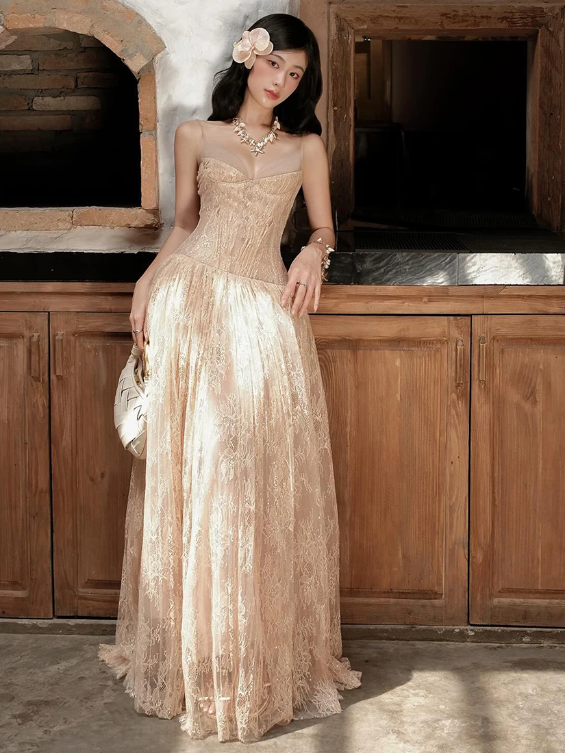 

SylCue Heavyweight Lace Slimming V-ne Strapl Evening Dr Long Gown Sexy Summer High Waist Polyester Blend No Sve