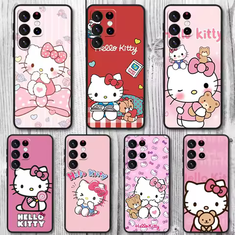 Cute Cartoon Hello Kitty For Samsung Galaxy S24 S23 S22 S21 S20 FE S10 Ultra Plus Shockproof Soft TPU Black Phone Case