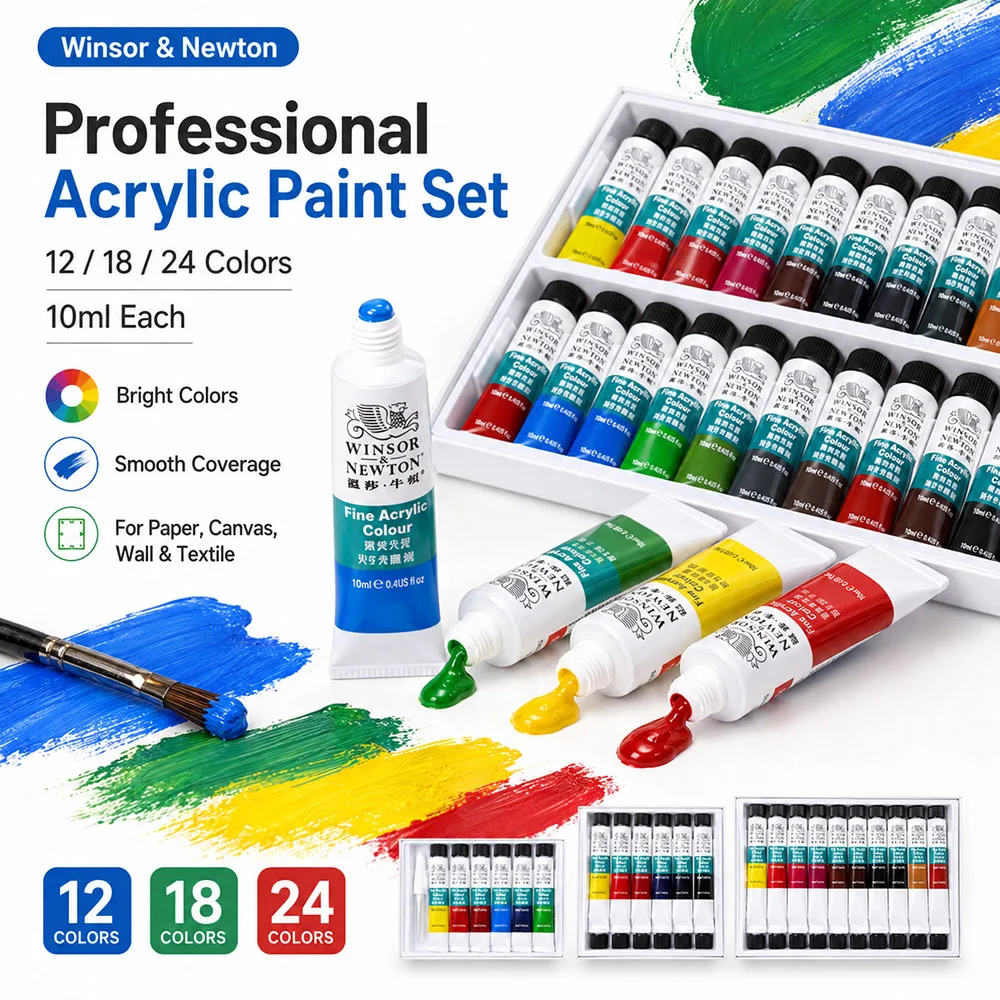 WINSOR&NEWTON 12/18/24/36 Colors Professional Acrylic Paints Set 10ml Hand Painted Wall Painting Textile Paint Brightly Colored