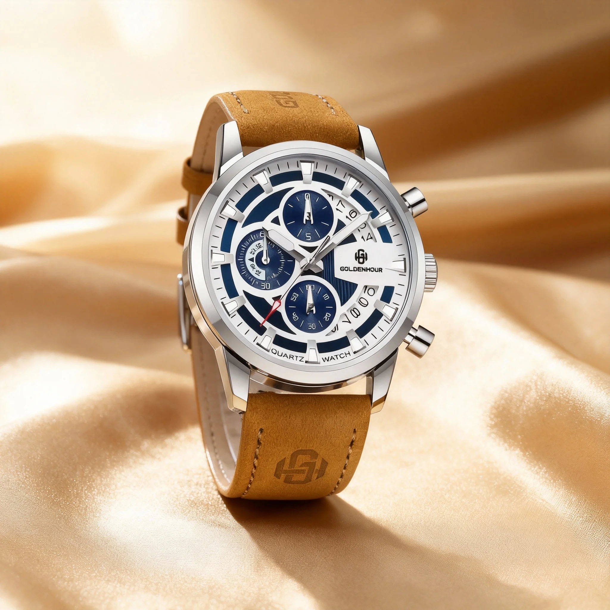 

Multi functional chronograph watch, brown leather strap with brand logo, silver case, blue and white dial, Christmas gift