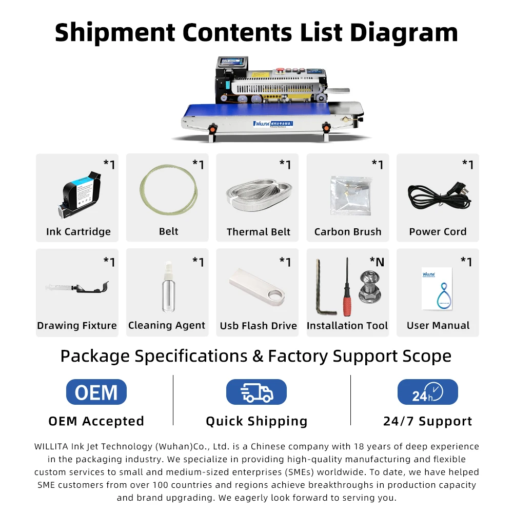 

Интеллектуальный струйный принтер-кодировщик WILLITA SP9 с автоматической непрерывной ленточной запайкой, цельнометаллический корпус из нержавеющей стали