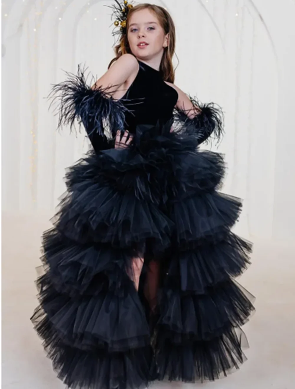 

Black Tulle Puffy Flower Girl Dresses For Wedding With Bow Birthday Party Ball Pageant First Communion Dresses for Girls