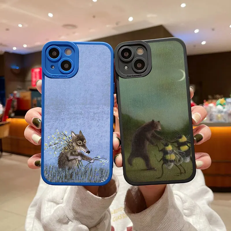 Cartoon Animal Cat Scenery Phone Case For iphone 11 12 14 13 Pro Max 7 8 14 Plus SE2020 X XR XS Autumn Night Soft Silicone Cover