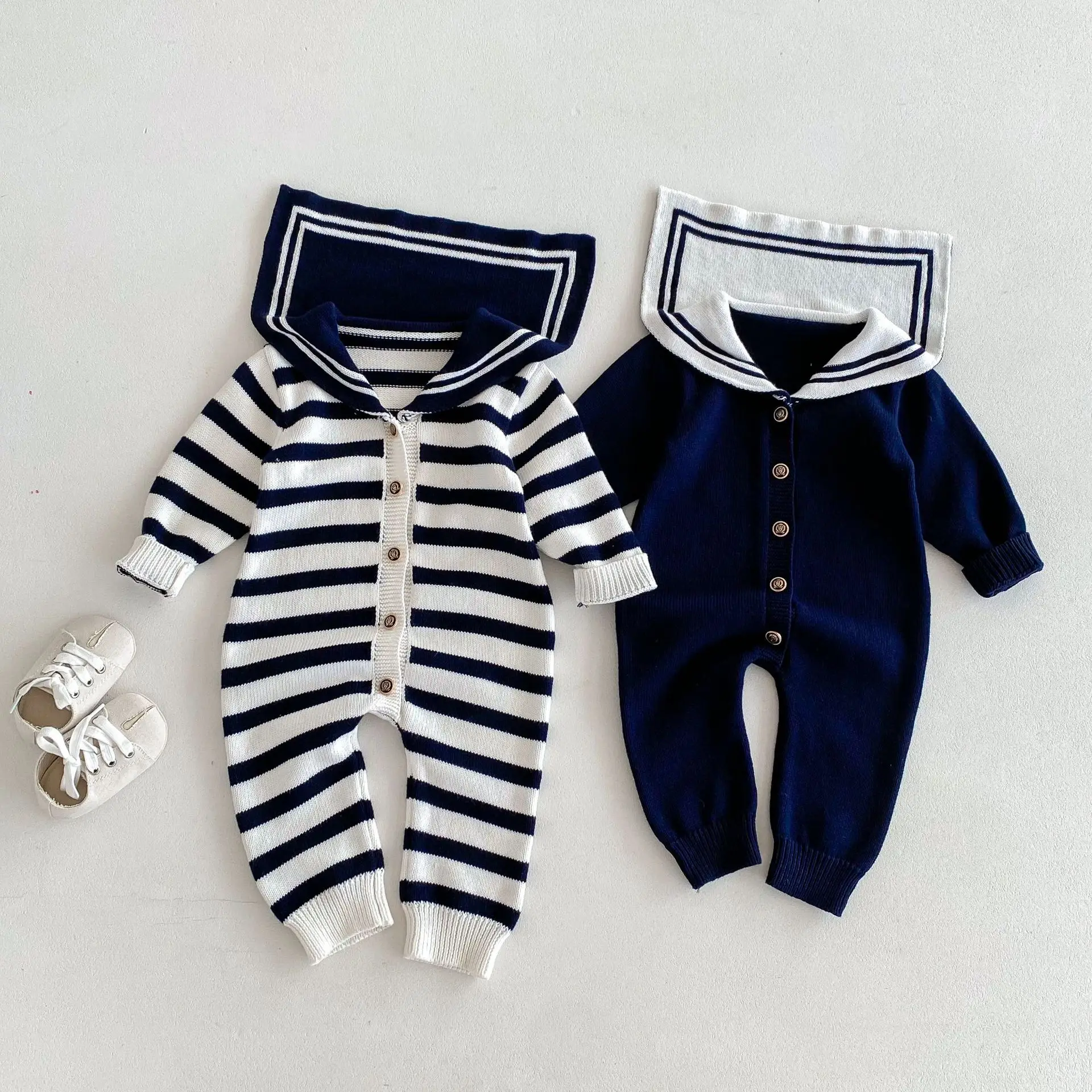 Autumn Winter Baby Boys Jumpsuit Sailor Collar Striped Cotton Knitted Toddler Boys Bodysuit Single Breasted Infant Boys Rompers