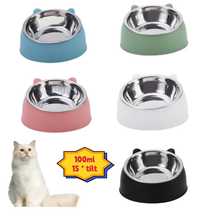 Stainless Cat Bowls Non-slip Base Pets Puppy Dog Food Water Feeder Bowl Neck Protection Dish Pet Bowl 15 Degrees Bowl Pet Supply