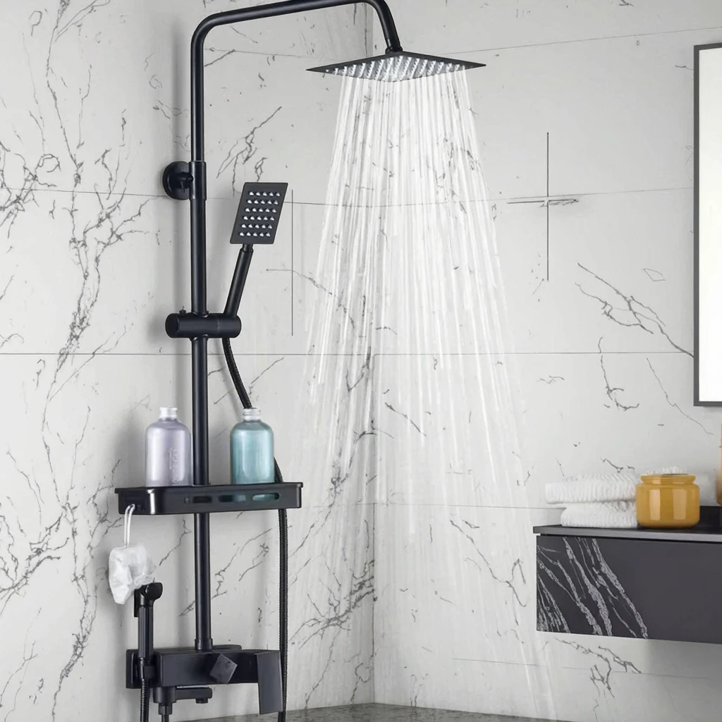 Matte Black Hot and Cold Mixer Copper Shower Set 4 Functions Rainfall Shower Head Bathroom Brass Shower System