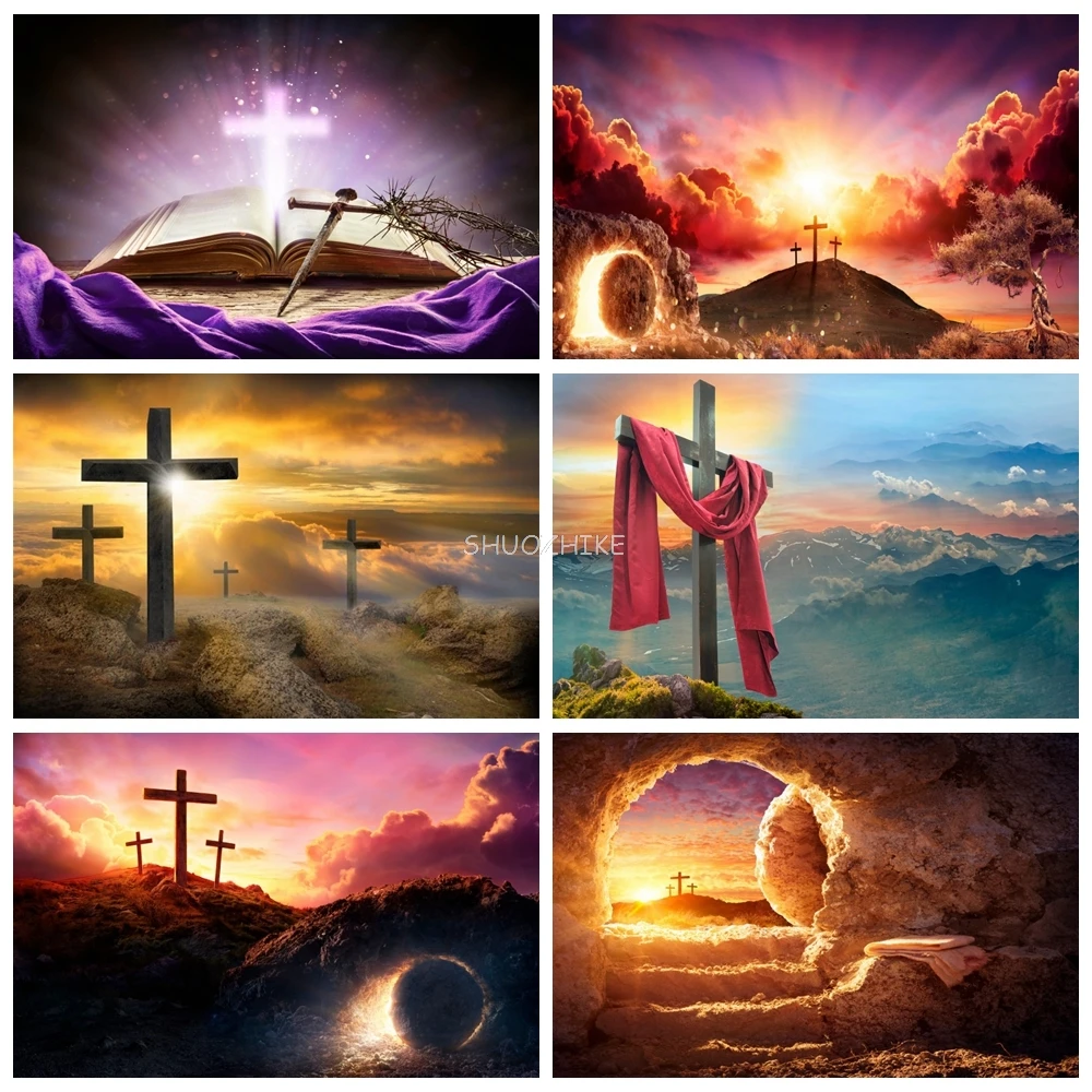 

Christ Jesus Cross Background Dusk Sunset Mountain Natural Landscape Nativity Holy Bible Easter Crucifixion Photography Backdrop