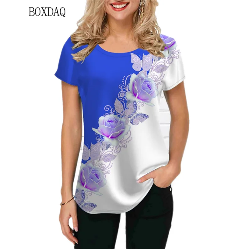 Women Floral T-shirts Summer Short Sleeve Flower 3D Print Street Ladies Tees Loose Round-Neck Casual Female Oversized Tops