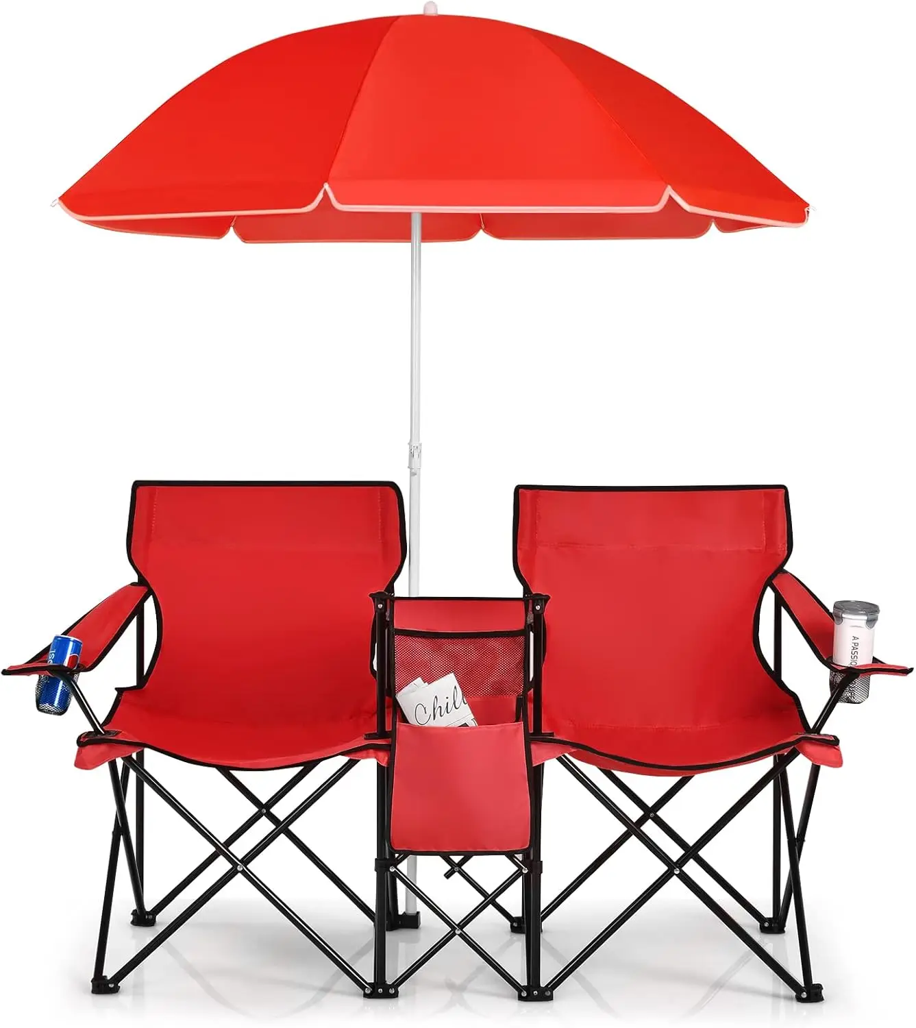 Silla de camping de 2 plazas con sombrilla, bolsa más fresca, soporte para bebidas y bolsillo lateral, silla de pesca plegable con bolsa de transporte, plegable