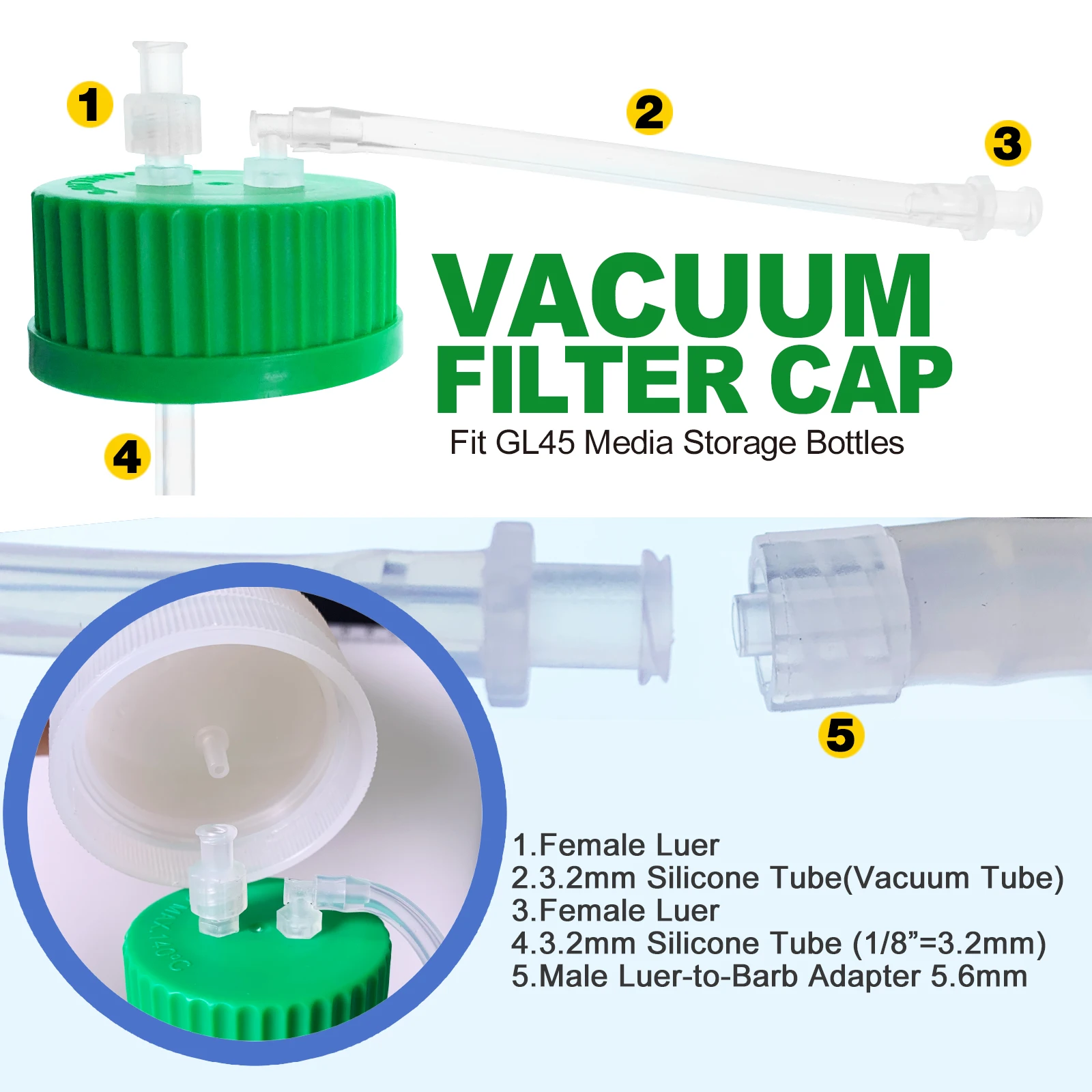 GL45 Sterile Vacuum Filter Cap with 0.22um PES Membrane,Bottle Top Reuseable By KS-Tek