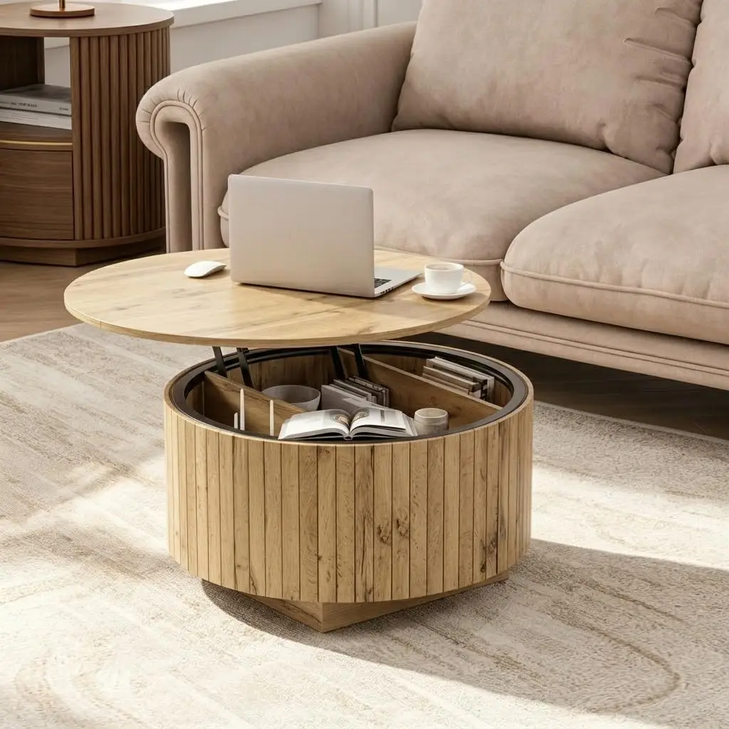 Lift Top Round Coffee Table Storage & LED Lights, 31.5