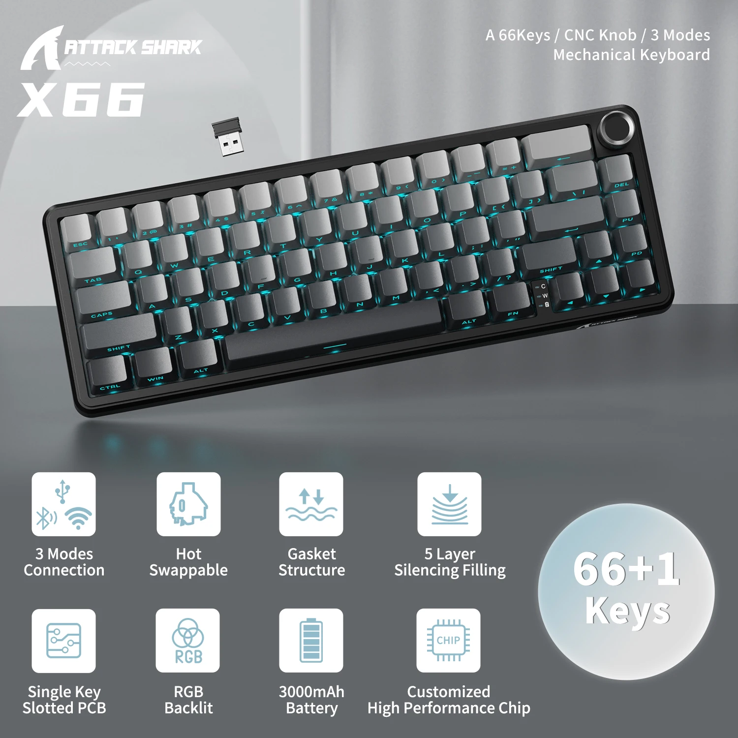 ATTACK SHARK X66 65% Wireless Mechanical Keyboard with Knob, 66 Keys Tri Mode Gasket Hot Swap RGB Gaming Keyboard 60 Percent,PBT