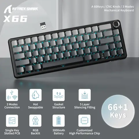 ATTACK SHARK X66 65% Wireless Mechanical Keyboard with Knob, 66 Keys Tri Mode Gasket Hot Swap RGB Gaming Keyboard 60 Percent,PBT