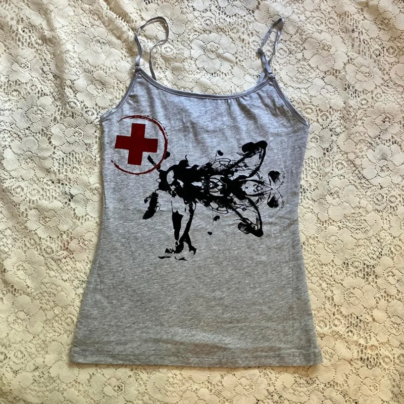 

Women’s Gray Camisole Tank Top Sleeveless Casual Shirt with Red Cross and Artistic Graphic