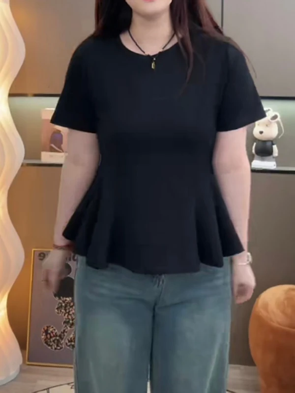 plus Size Summer ort Sve T-irt Women Slimming Waistline Floral  Cover Belly Slim Fit Bla Top Korean Sle Commute