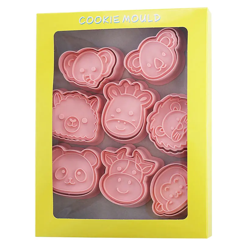 8 Pcs/set Cookie Cutter Plastic 3D Animal Shape Cartoon Pressable Biscuit Mold Panda Cookie Stamp Kitchen Baking Pastry Bakeware