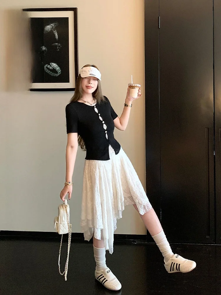 

LUU Cherry Happy Lace Uneven Hem Dress Women's Spring Summer Design Sense Mid-Length Skirt Korean Style Splice Natural Waist