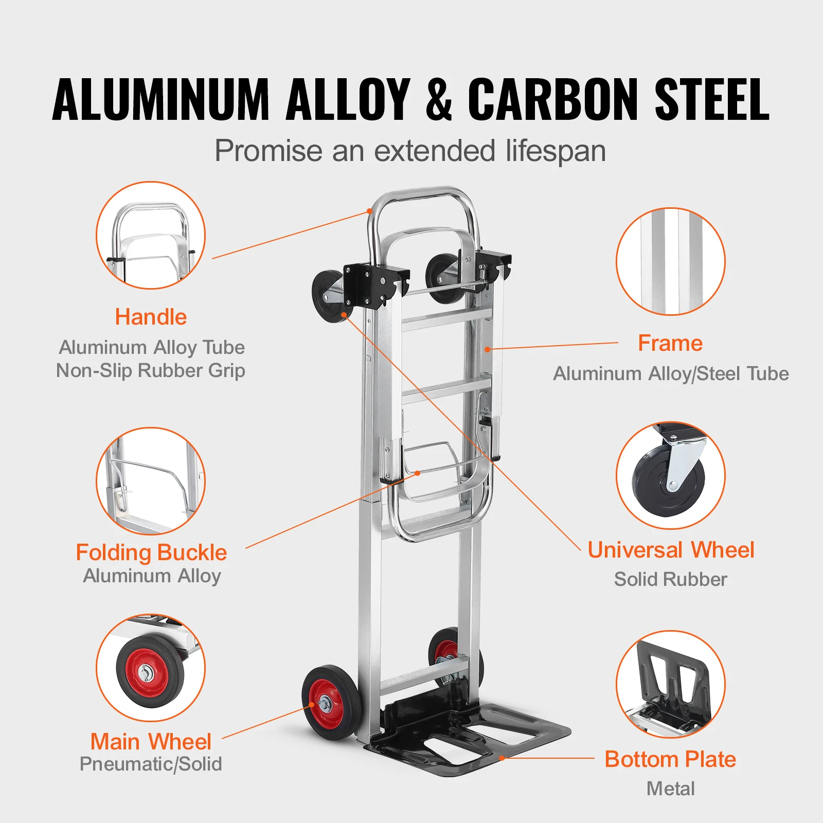 VEVOR 2-in-1 Sackkarre Klappbar 113/181kg Tragfähigkeit Transportkarre Aluminiumlegierung & Kohlenstoffstahl Sackkarre ⇋ Plattformwagen Trolley für