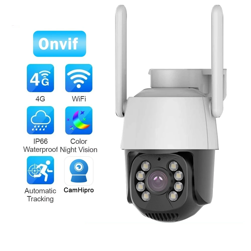Câmera IP PTZ HD 4G Externa de 2MP com Rastreamento Automático, Vigilância por Vídeo 1080P, Câmera WiFi CCTV com Áudio Bidirecional e Suporte Onvif