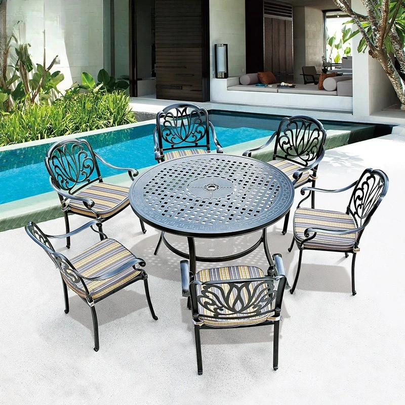 

Outdoor courtyard balcony tables and chairs six-person cast aluminum outdoor leisure open-air garden villa