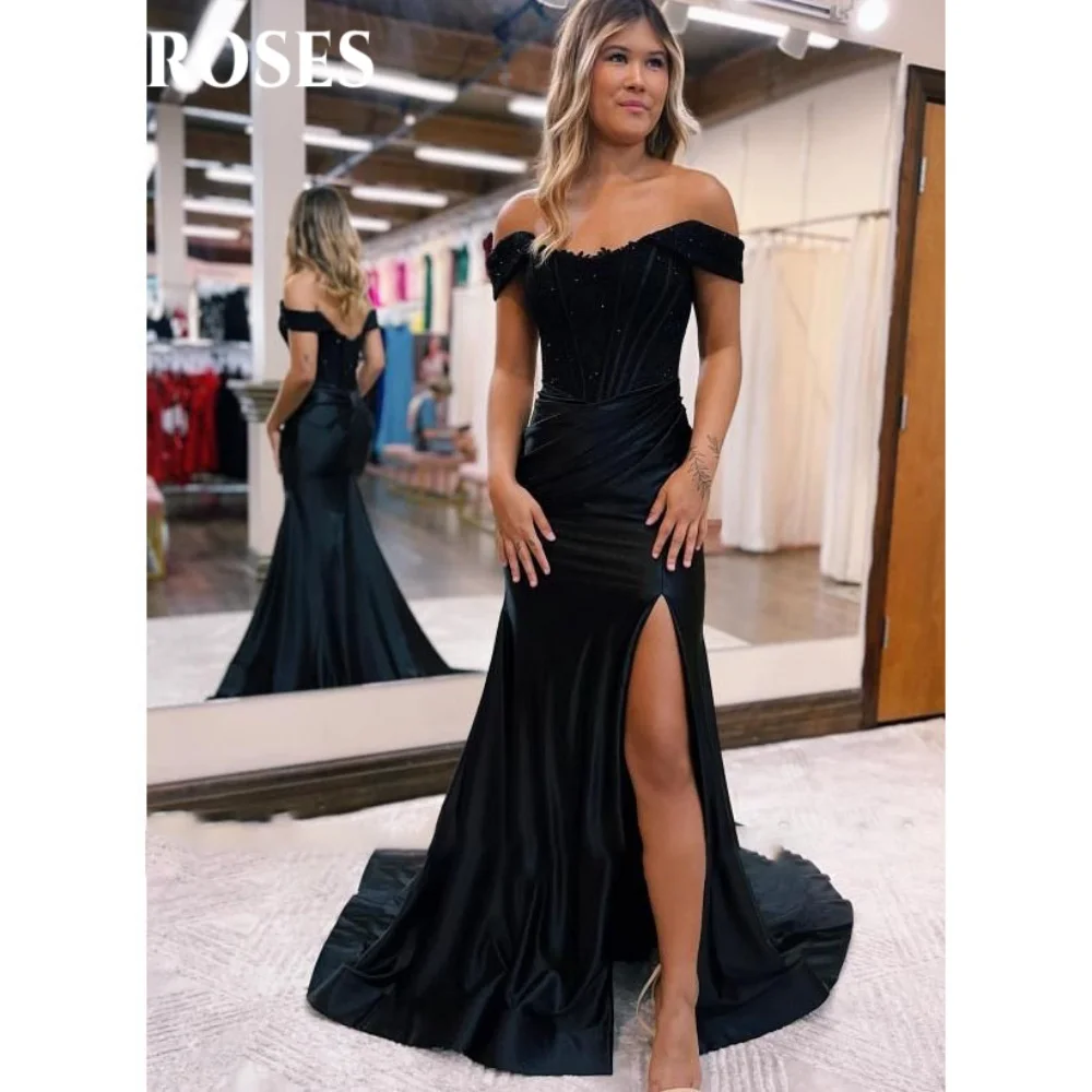 ROSES Black Sexy Lace Prom Dress Sweetheart Off the Shoulder Evening Gown Satin Side High Split Formal Dresses for Woman 프롬 드레스