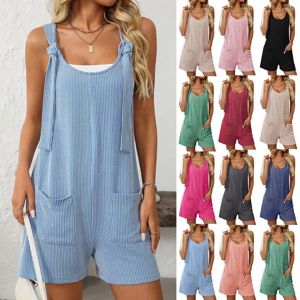 Women Ribbed Knit Summer Romper Adjustable Strap Two Side Pockets Short Overalls Casual Daily Wear Street Dating Shorts Jumpsuit