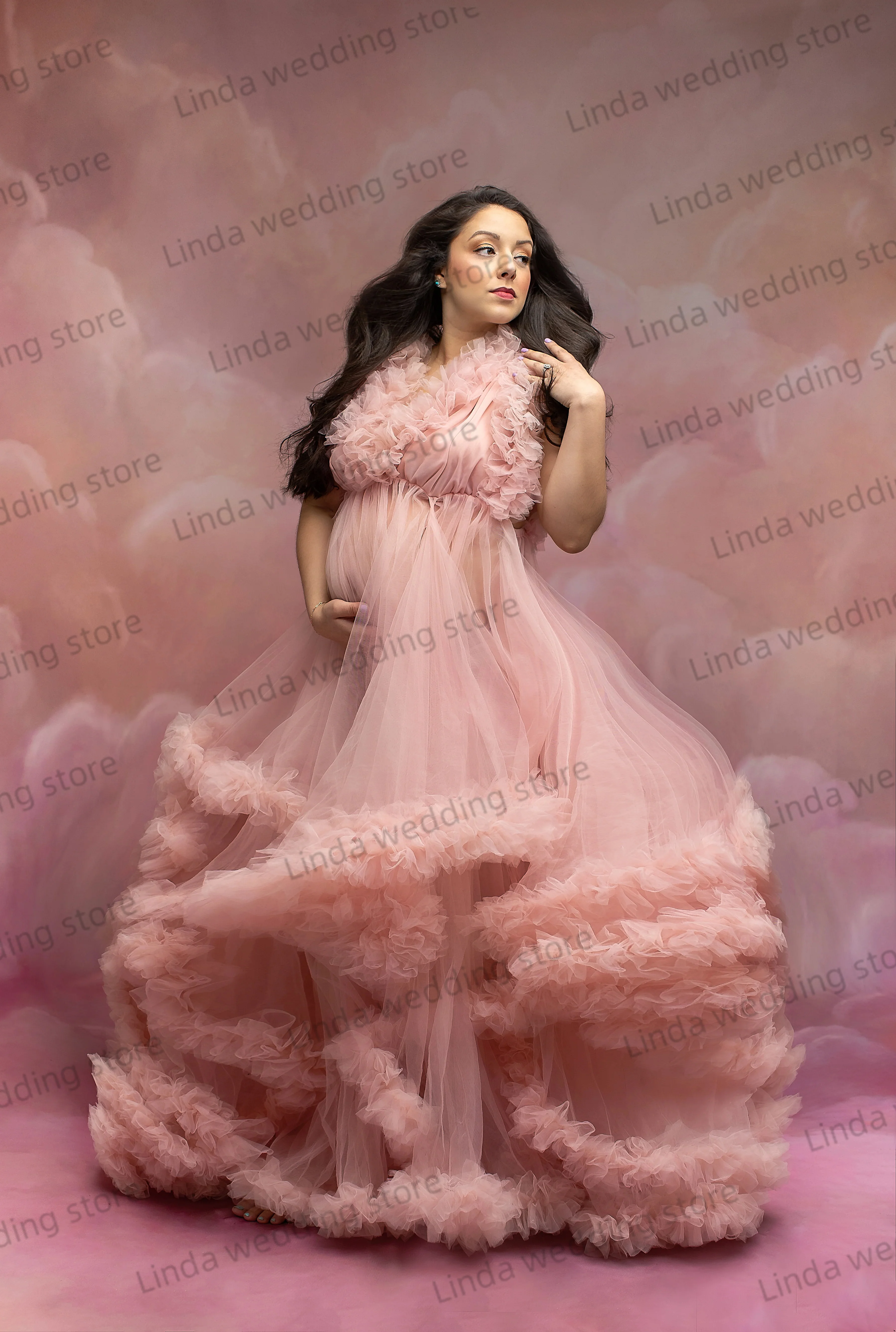 Ruffled  Maternity Dresses for Photo Shoot A Line Extra Puffy Tiered Halter Ruched Pregnancy Gowns Babyshower Made Custom