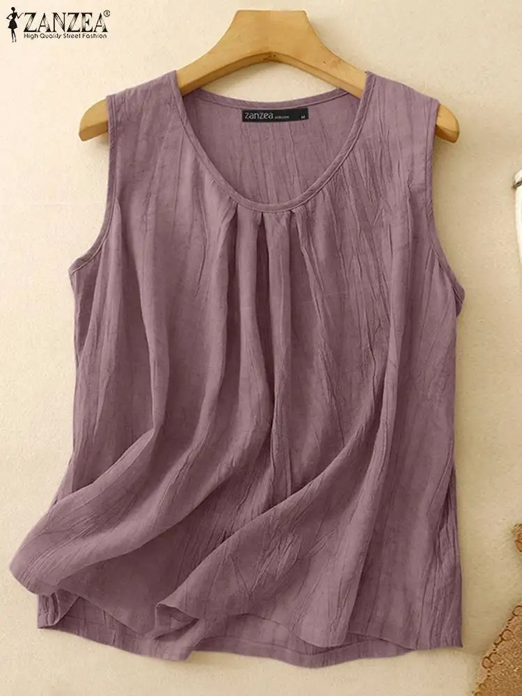 ZANZEA Summer Tanks Tops Women O Neck Sleeveless Blouse Vintage Solid Beach Shirt Casual Loose Tunic Holiday Blusas Mujer Camis