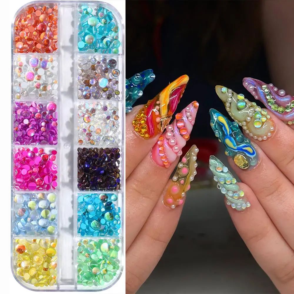 6/12 Gitter 3D Bunte Meerjungfrauen-Perlen Nagelcharms Gemischte Größen Macaron Bubble Bead Nagelkunst-Dekorationen DIY Bastelzubehör Maniküre-Teile 1