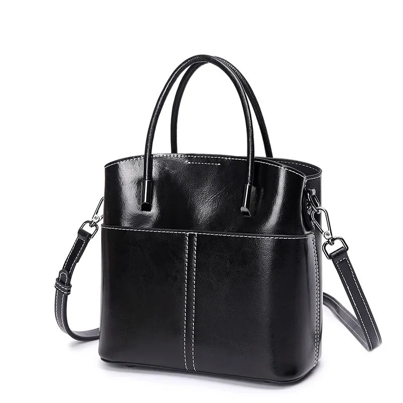 Ladies\' High Quality Fashionable Versatile Oil Wax Cowhide Leather Bucket Bag Women\'s Leisure Minimalist Shoulder Crossbody Bag