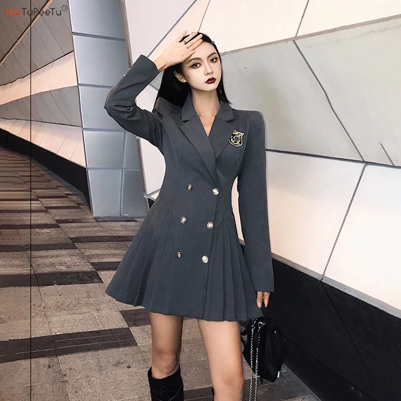 

Preppy Style Uniform Dress Girls Tunic Gothic Black Gray Vestidos Mujer Slim Fit Women Tailored Coat with Pleated Skirts