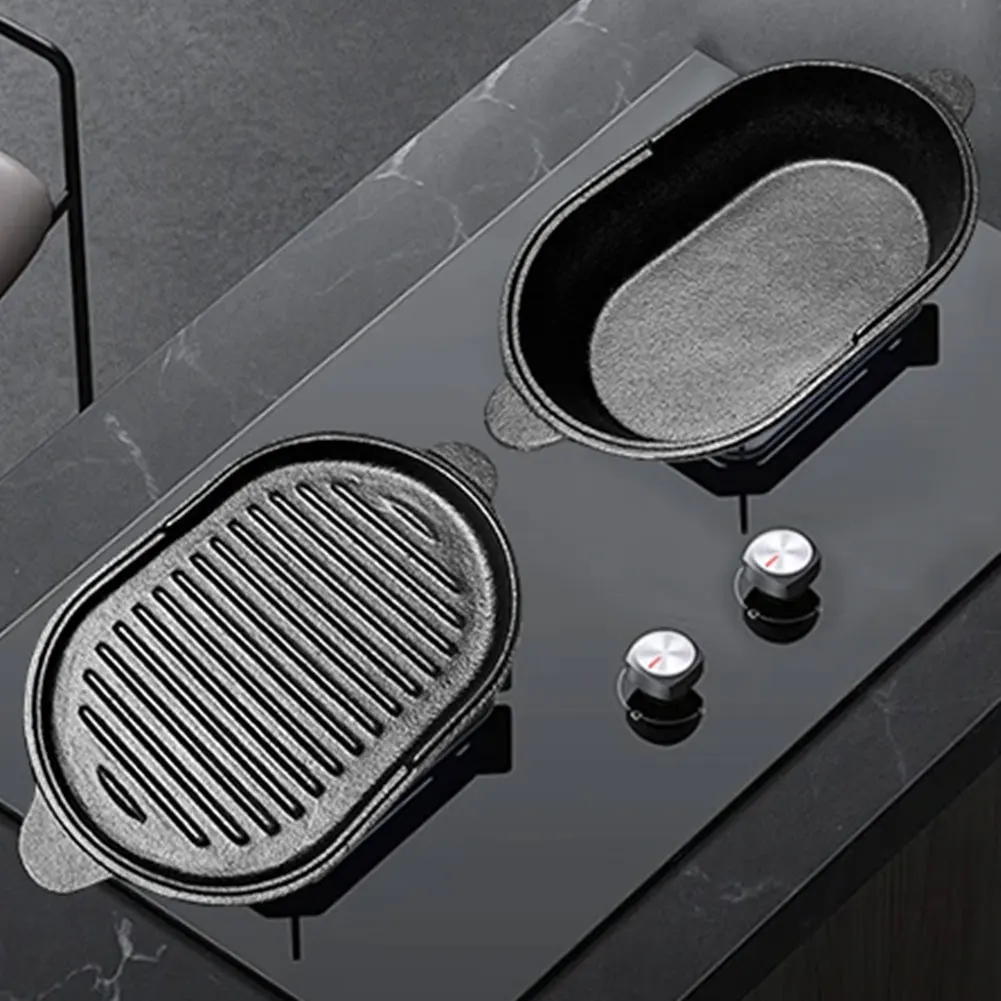 

11 х 6,3 дюйма чугунная сковорода-гриль овальная сковорода двусторонняя сковорода-гриль 2-в-1 гриль-плита для приготовления пищи в помещении