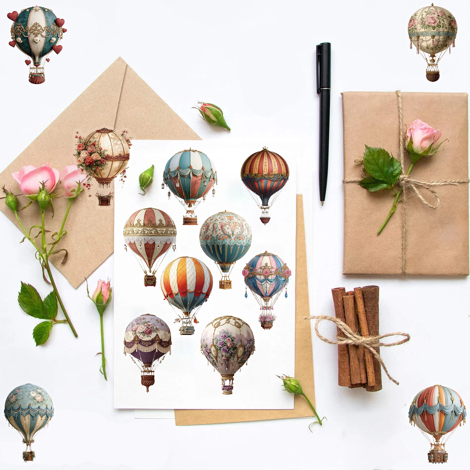 50PCS Vintage Hot Air Balloon Sticker Transparent Phone Students DIY Supplies Laptop PET Scrapbook Phone Case Gift Stickers
